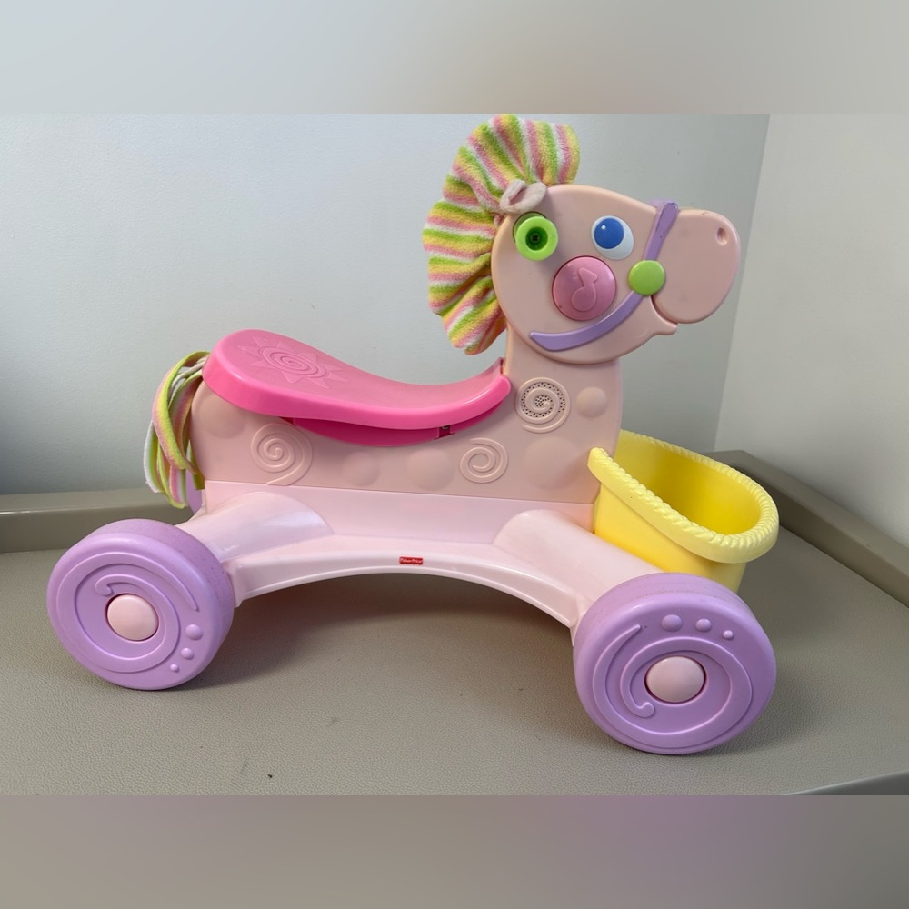 2008 Fisher Price Rolling Pink Purple Horse Pony with Basket Musical Riding Toy
